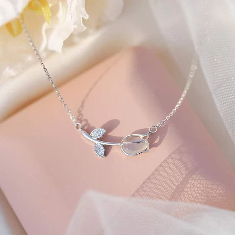Collana Argento 925 Pendente Tulipano Pietra di Luna Zirconi, Catena Regolabile