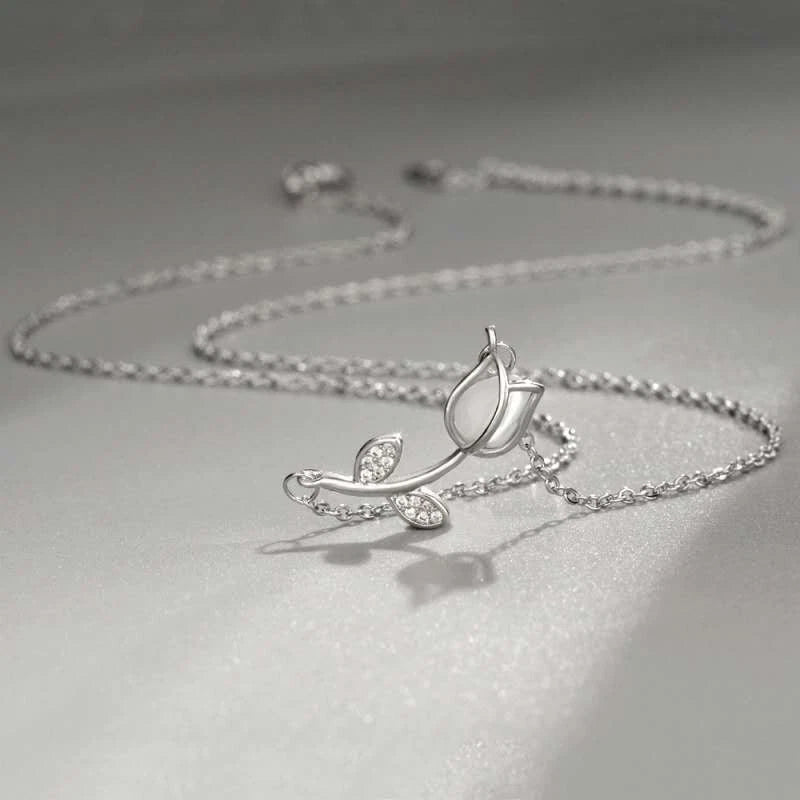 Collana Argento 925 Pendente Tulipano Pietra di Luna Zirconi, Catena Regolabile