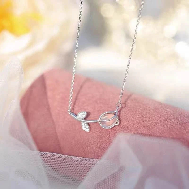 Collana Argento 925 Pendente Tulipano Pietra di Luna Zirconi, Catena Regolabile