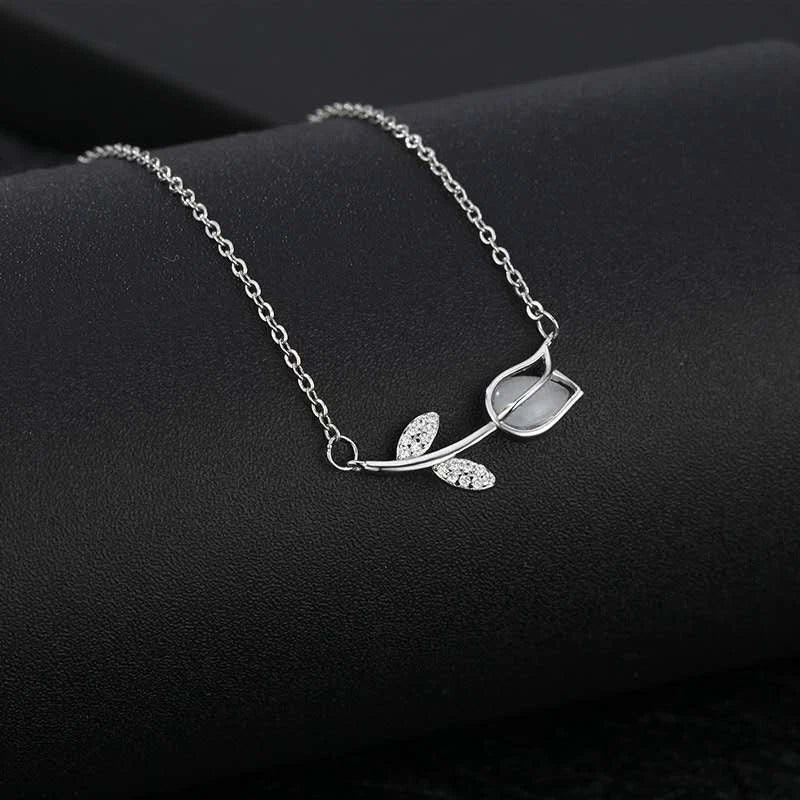 Collana Argento 925 Pendente Tulipano Pietra di Luna Zirconi, Catena Regolabile