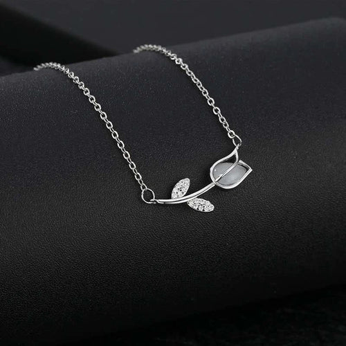 Collana Argento 925 Pendente Tulipano Pietra di Luna Zirconi, Catena Regolabile