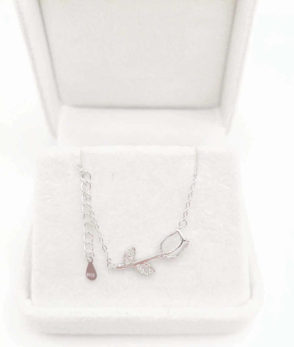 Collana Argento 925 Pendente Tulipano Pietra di Luna Zirconi, Catena Regolabile