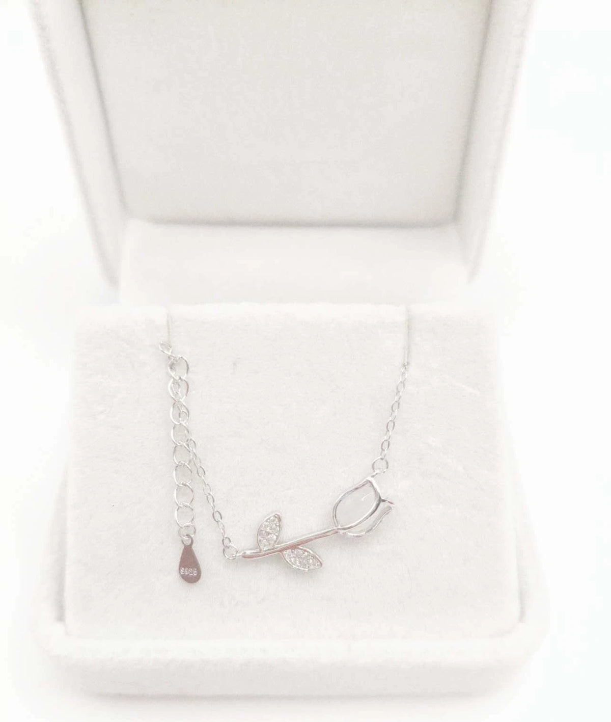 Collana Argento 925 Pendente Tulipano Pietra di Luna Zirconi, Catena Regolabile