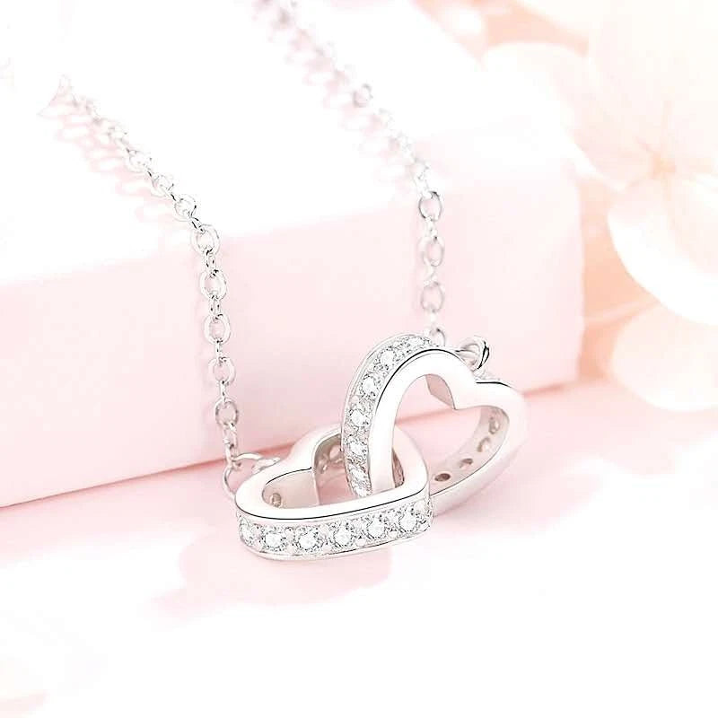 Collana Argento 925 Doppio Cuore Incrociato Zirconi, Catena Regolabile