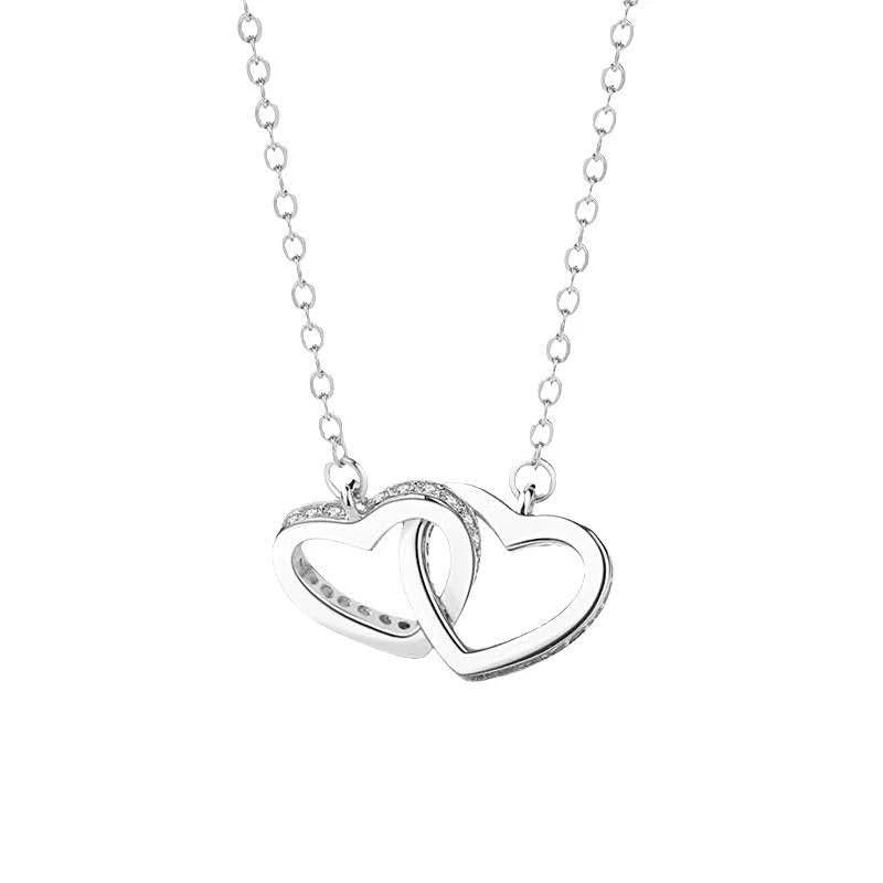 Collana Argento 925 Doppio Cuore Incrociato Zirconi, Catena Regolabile