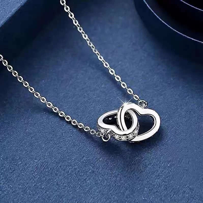 Collana Argento 925 Doppio Cuore Incrociato Zirconi, Catena Regolabile