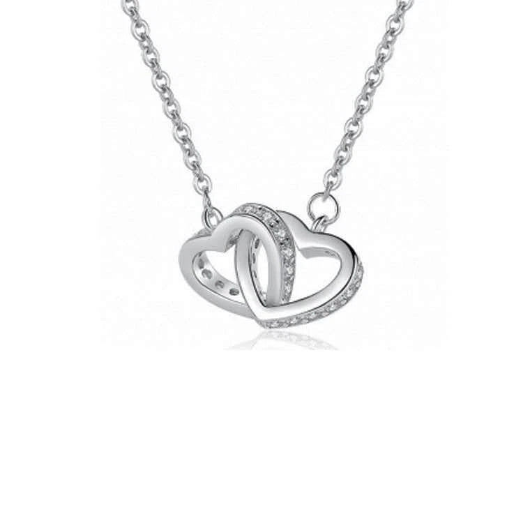 Collana Argento 925 Doppio Cuore Incrociato Zirconi, Catena Regolabile