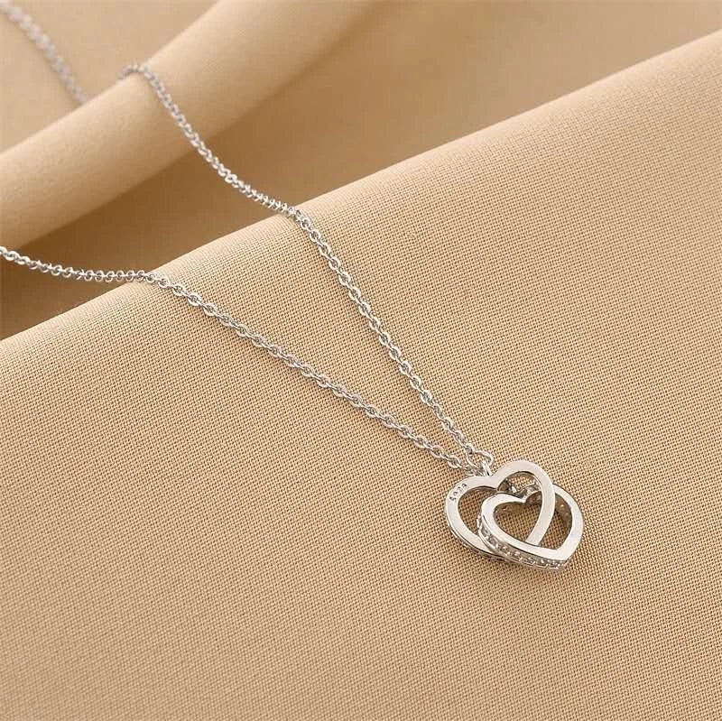 Collana Argento 925 Doppio Cuore Incrociato Zirconi, Catena Regolabile