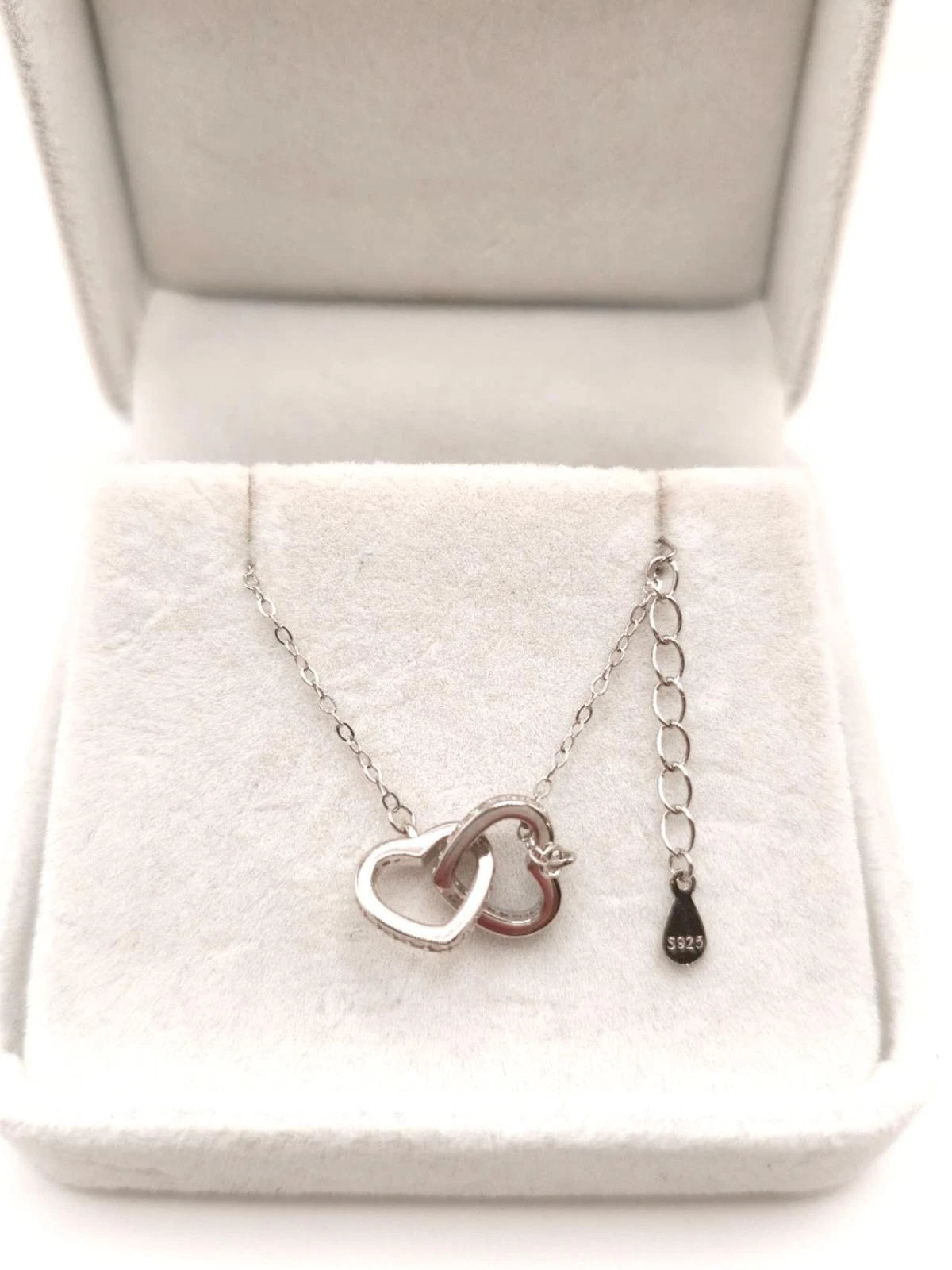 Collana Argento 925 Doppio Cuore Incrociato Zirconi, Catena Regolabile