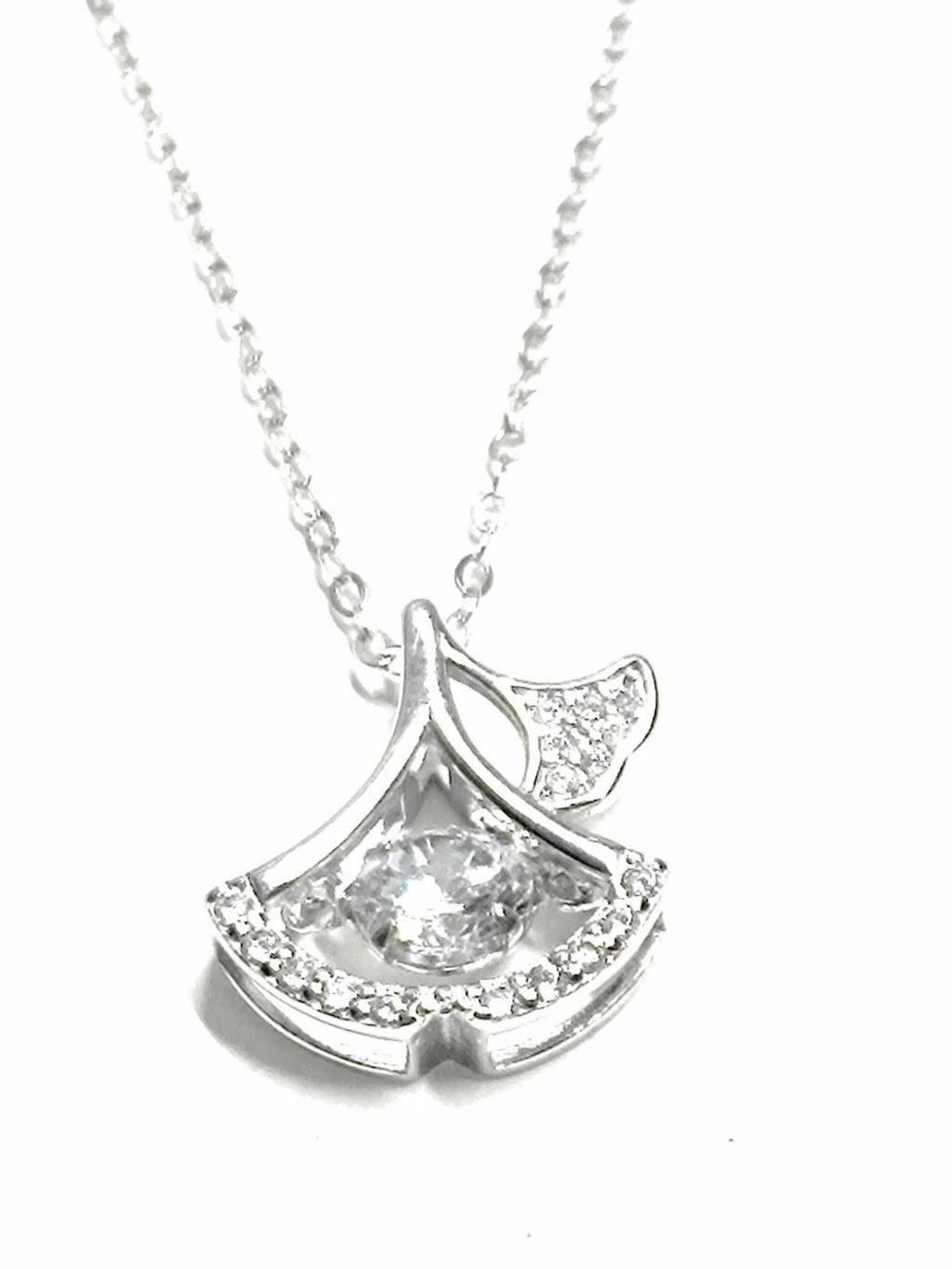 Collana Pendente Foglia Ginkgo Argento 925 Zirconi Brillanti, Catena Regolabile
