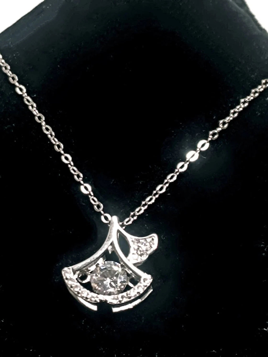 Collana Pendente Foglia Ginkgo Argento 925 Zirconi Brillanti, Catena Regolabile