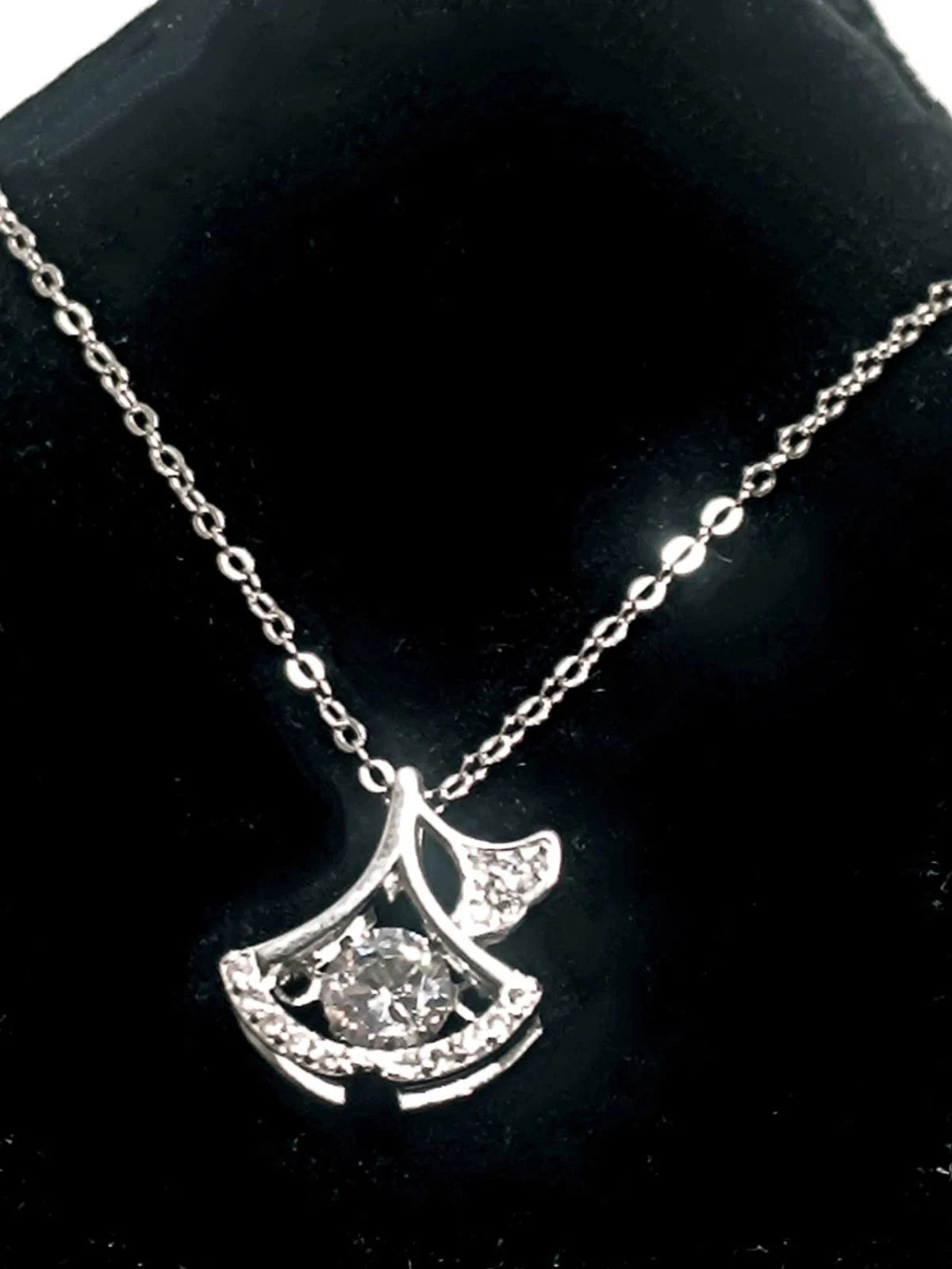 Collana Pendente Foglia Ginkgo Argento 925 Zirconi Brillanti, Catena Regolabile