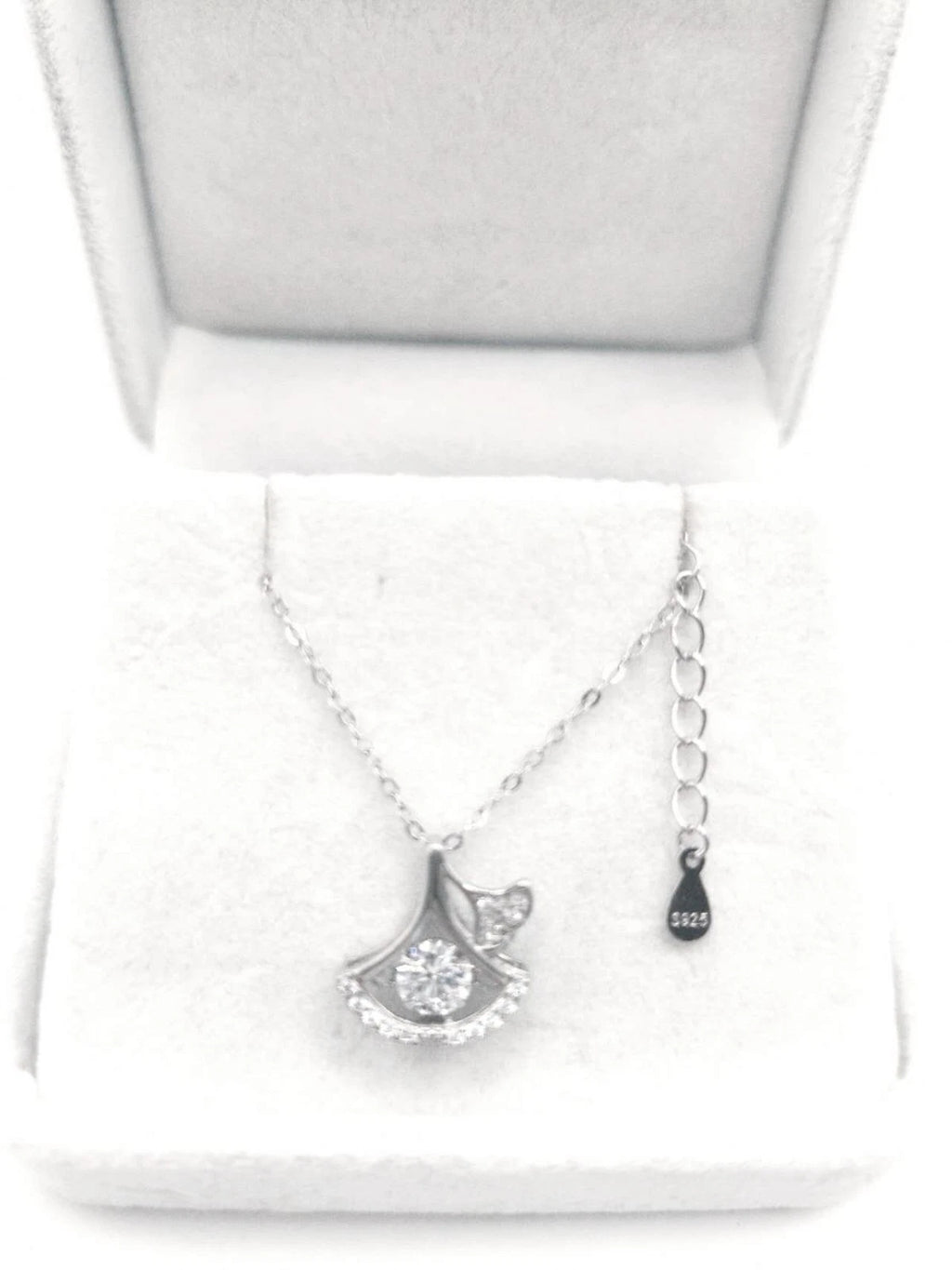 Collana Pendente Foglia Ginkgo Argento 925 Zirconi Brillanti, Catena Regolabile