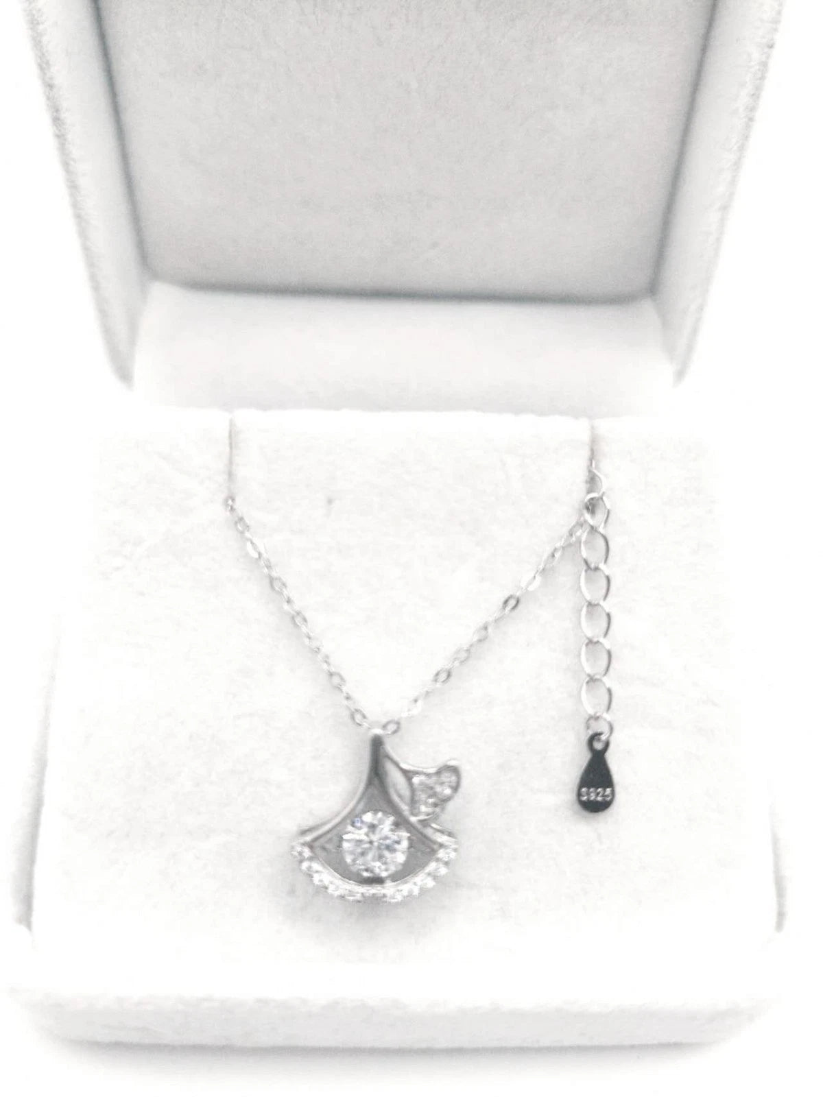 Collana Pendente Foglia Ginkgo Argento 925 Zirconi Brillanti, Catena Regolabile