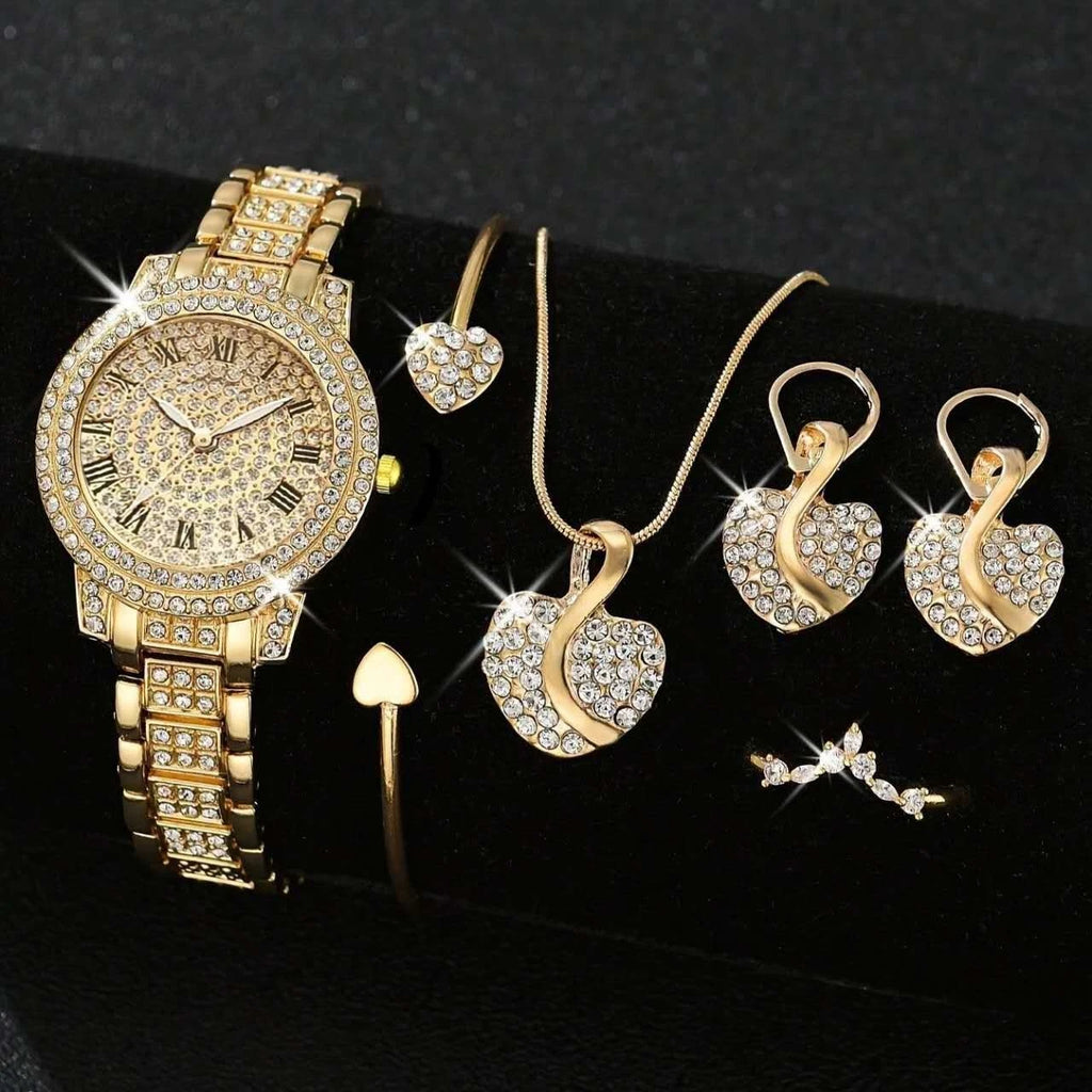 Un  set da 5 pezzi  include orologio, bracciale, collana, orecchini e anello
