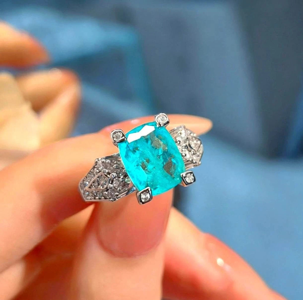 Elegante anello aperto quadrato in tormalina Paraiba con diamanti