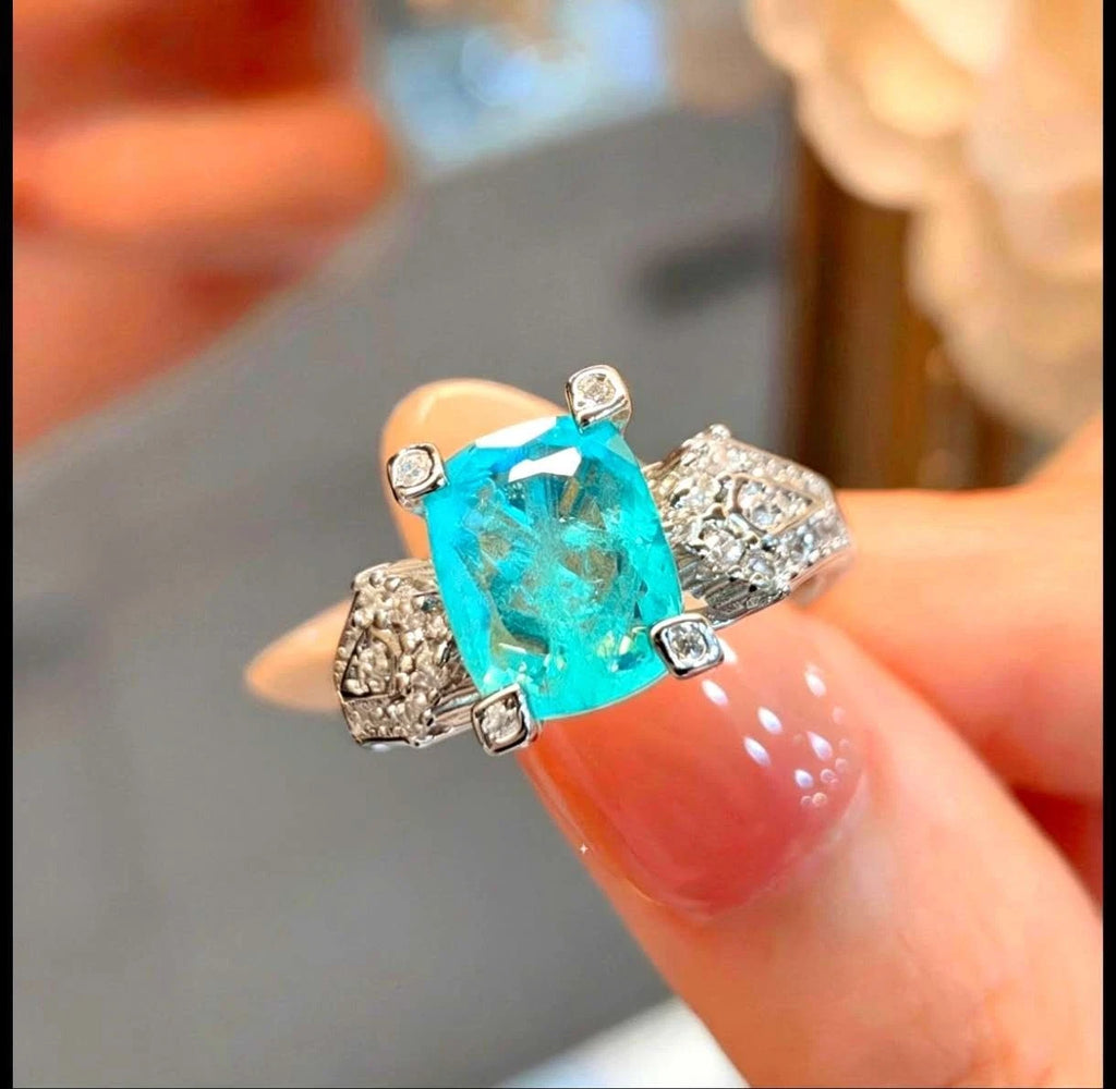 Elegante anello aperto quadrato in tormalina Paraiba con diamanti