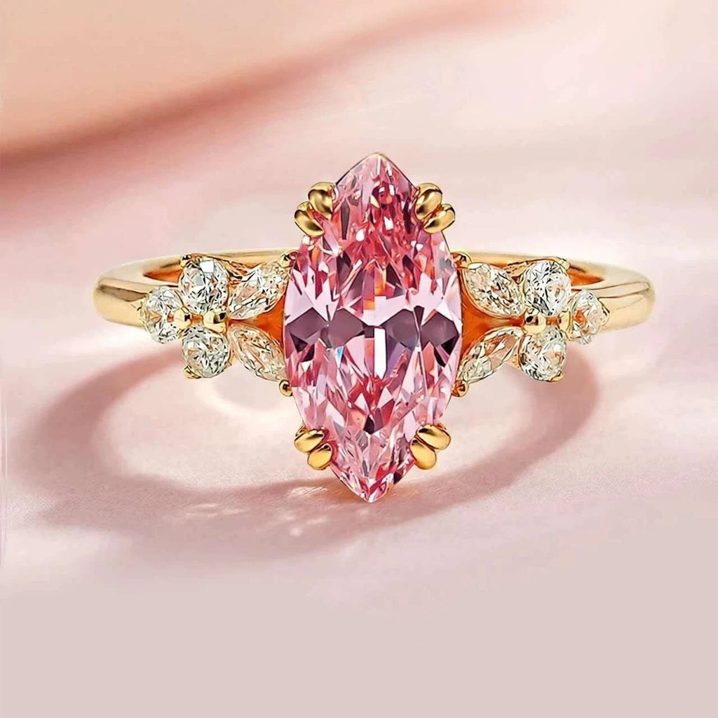 Anello aperto con diamante Padparadscha rosa ghiaccio taglio marquise a fiore