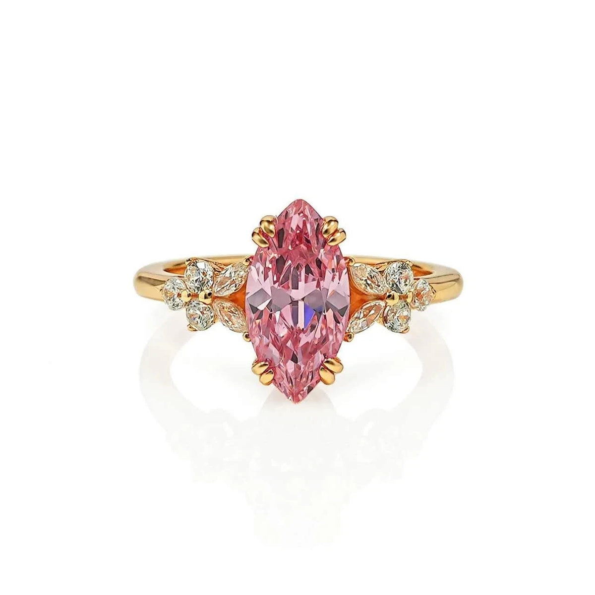 Anello aperto con diamante Padparadscha rosa ghiaccio taglio marquise a fiore
