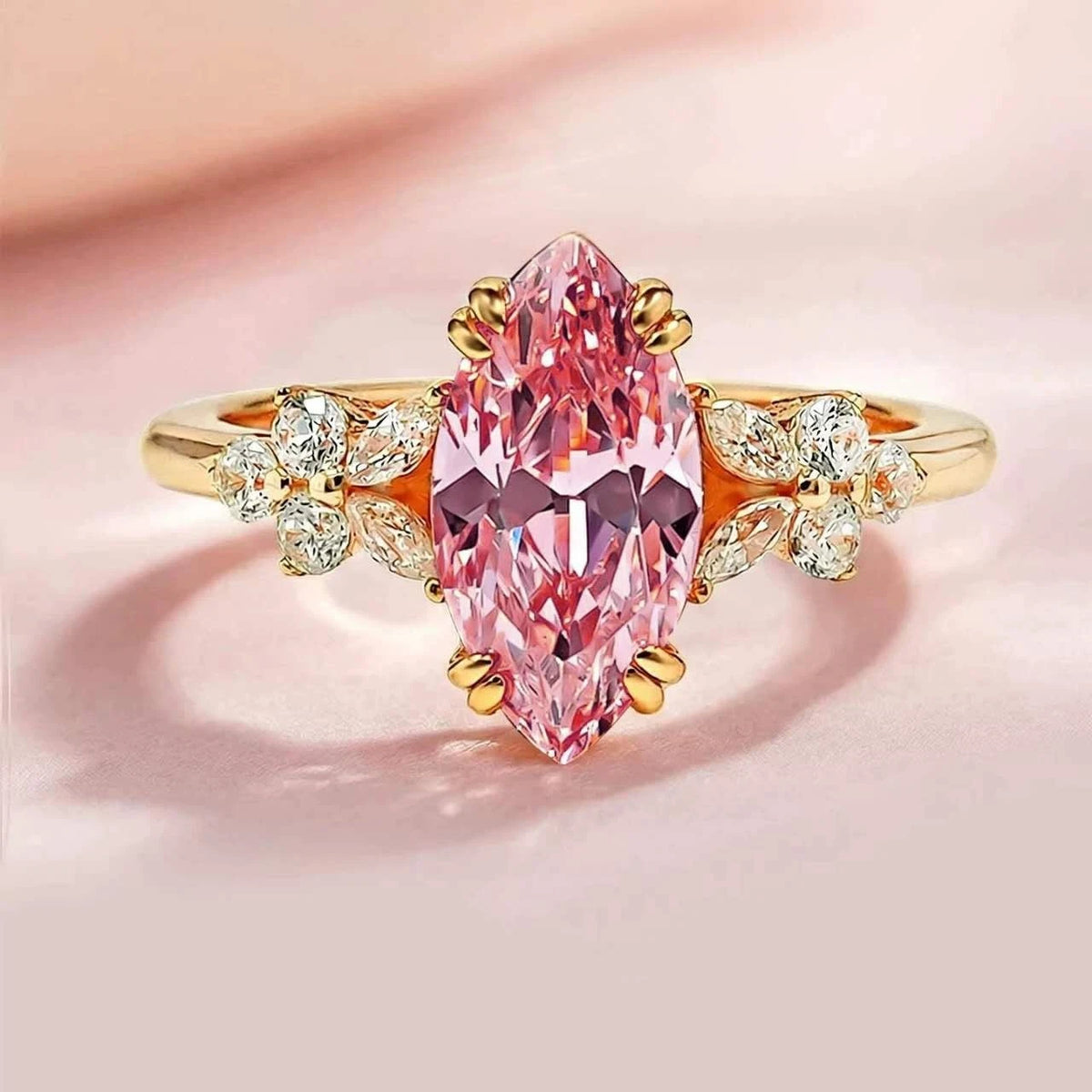 Anello aperto con diamante Padparadscha rosa ghiaccio taglio marquise a fiore