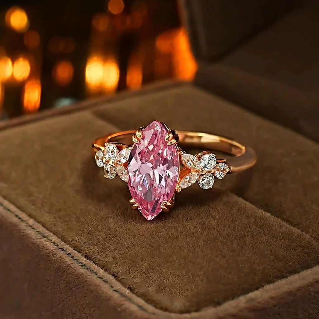 Anello aperto con diamante Padparadscha rosa ghiaccio taglio marquise a fiore