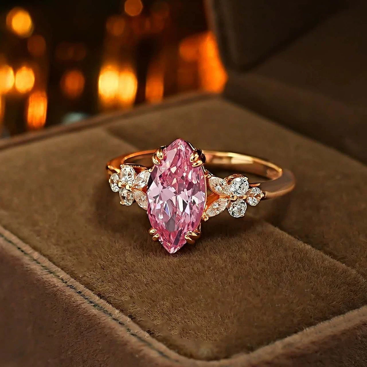 Anello aperto con diamante Padparadscha rosa ghiaccio taglio marquise a fiore