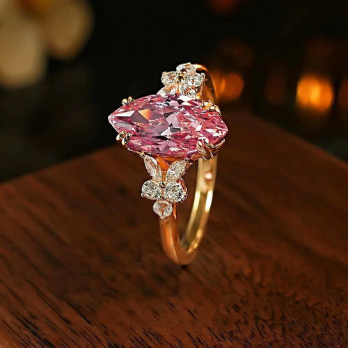 Anello aperto con diamante Padparadscha rosa ghiaccio taglio marquise a fiore