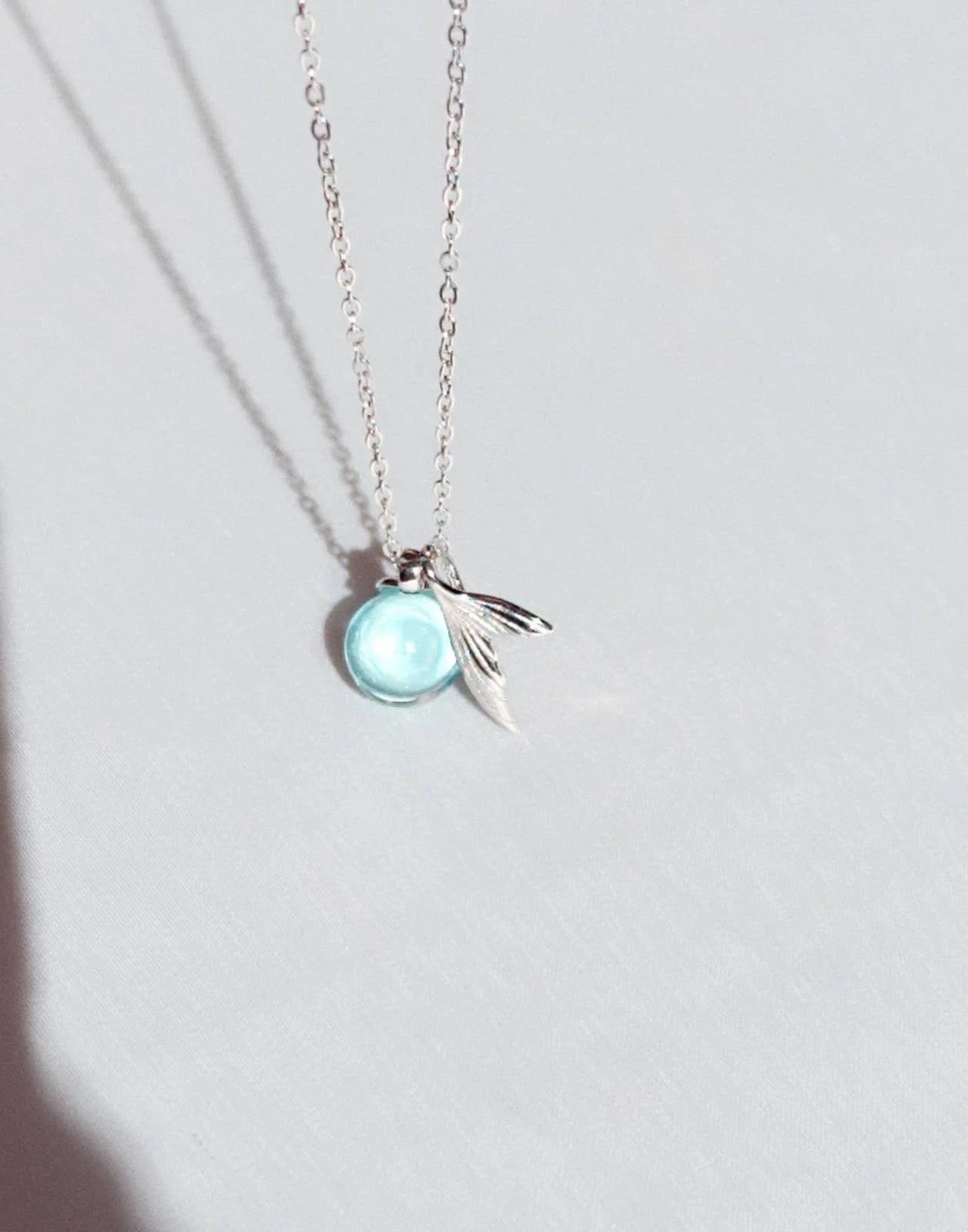 Halskette Silber 925 Meerjungfrauenschwanz Anhänger Kristallkugel Hellblau, Kette Verstellbar