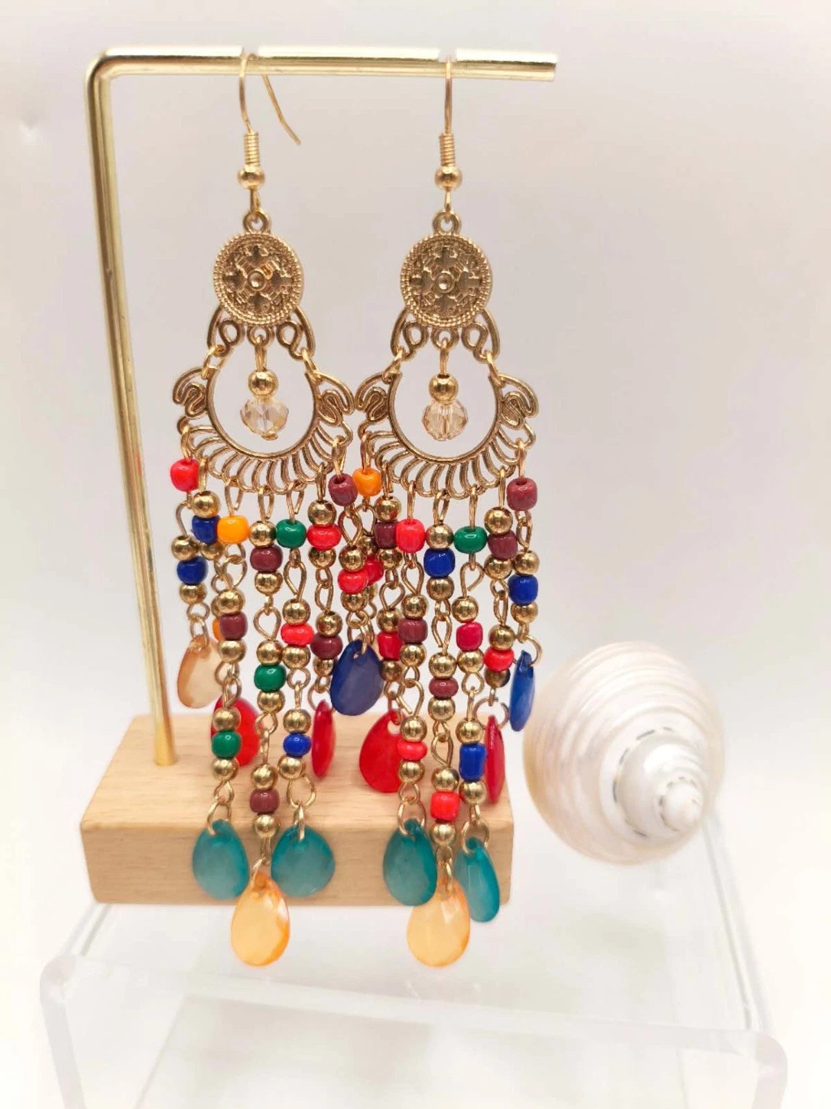 Boho Quastenohrringe Lang Gold Filigran Bunte Perlen