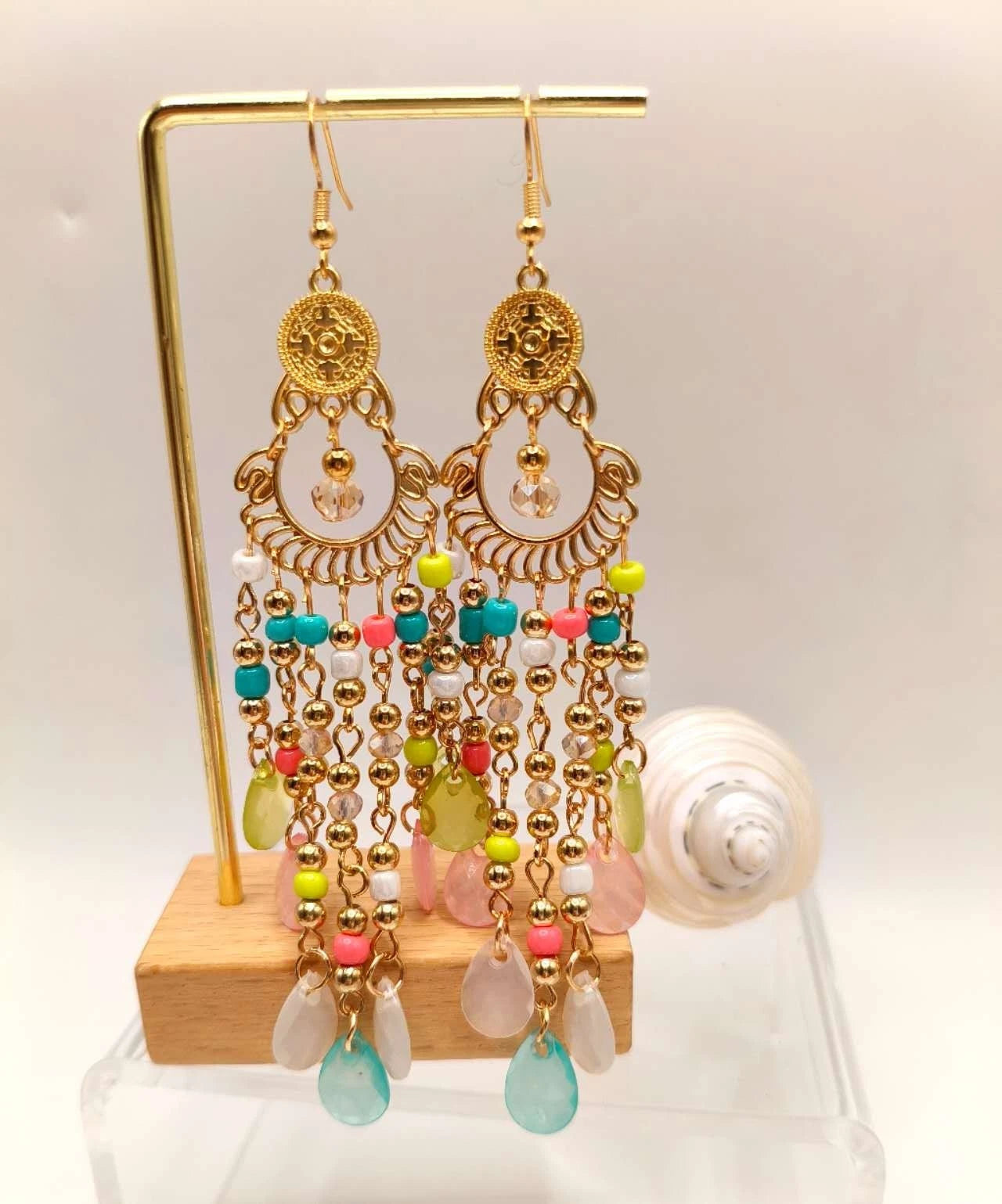 Boho Quastenohrringe Lang Gold Filigran Bunte Perlen