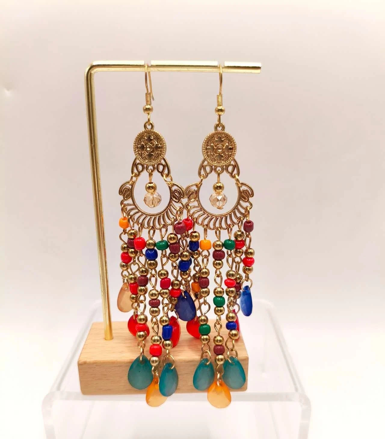 Boho Quastenohrringe Lang Gold Filigran Bunte Perlen