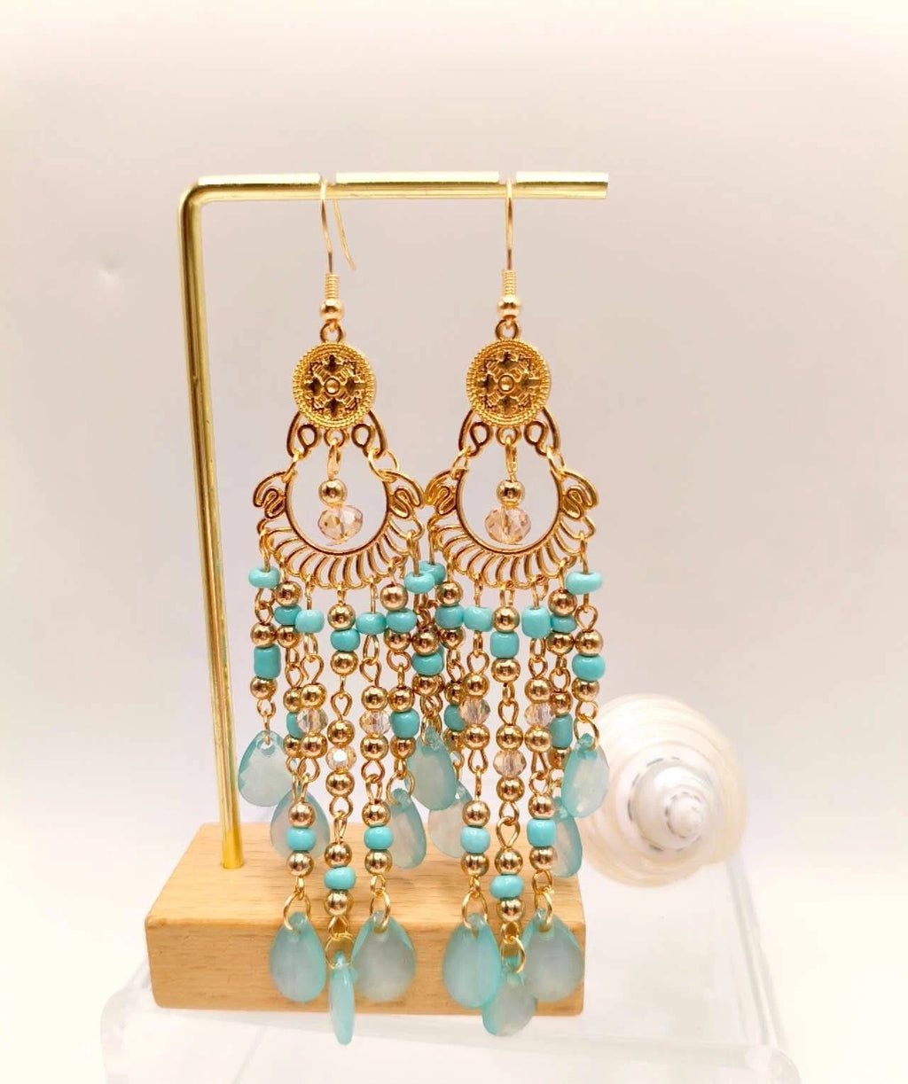 Boho Quastenohrringe Lang Gold Filigran Bunte Perlen