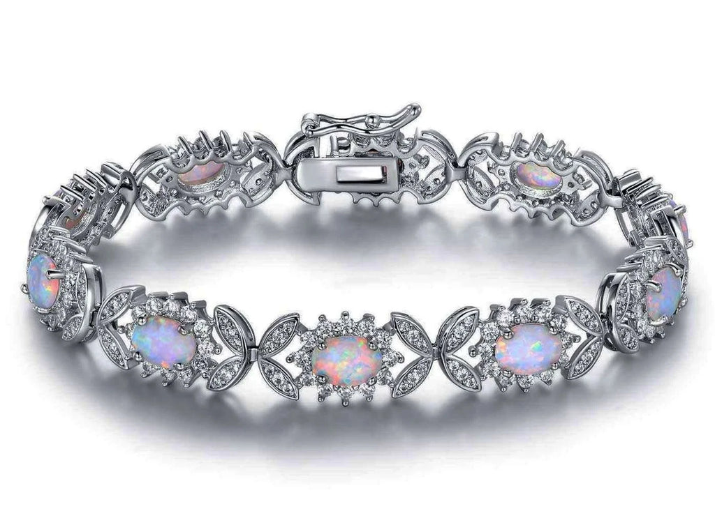 Sterling silver 925 bracelet with opal, floral link bracelet with cubic zirconia