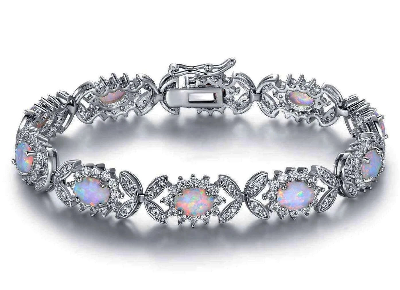 Sterling silver 925 bracelet with opal, floral link bracelet with cubic zirconia