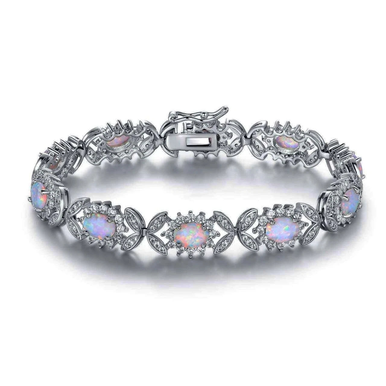 Sterling silver 925 bracelet with opal, floral link bracelet with cubic zirconia
