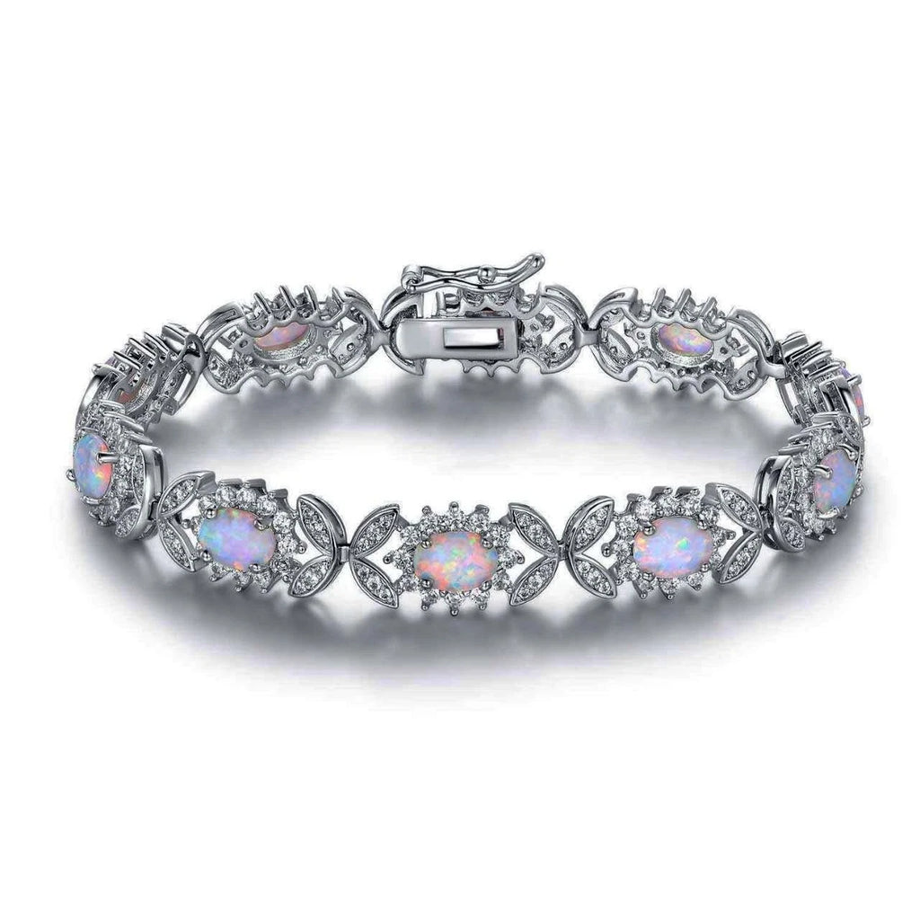 Sterling silver 925 bracelet with opal, floral link bracelet with cubic zirconia