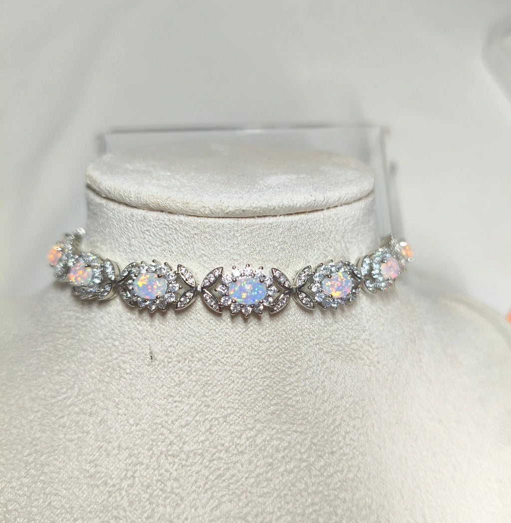 Sterling silver 925 bracelet with opal, floral link bracelet with cubic zirconia