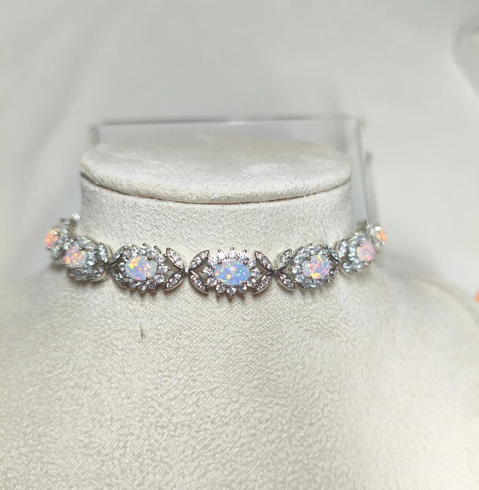 Sterling silver 925 bracelet with opal, floral link bracelet with cubic zirconia
