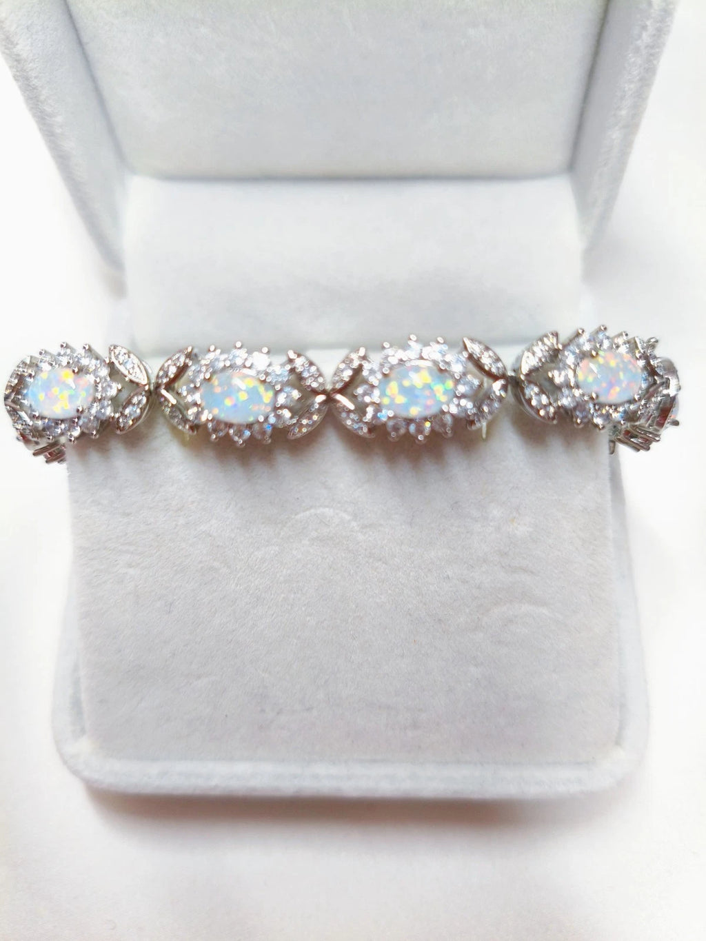 Sterling silver 925 bracelet with opal, floral link bracelet with cubic zirconia