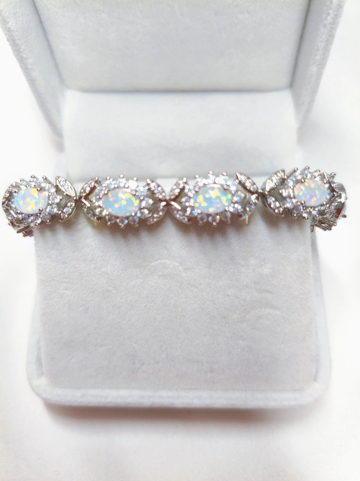 Sterling silver 925 bracelet with opal, floral link bracelet with cubic zirconia