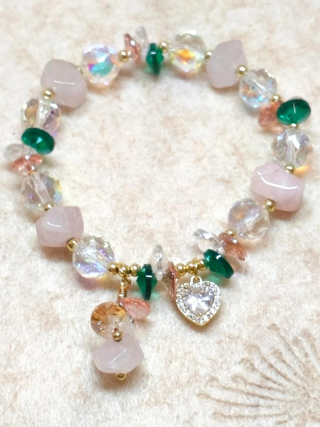 Handcrafted bracelet with natural stones, sweet style, rose quartz and crystals