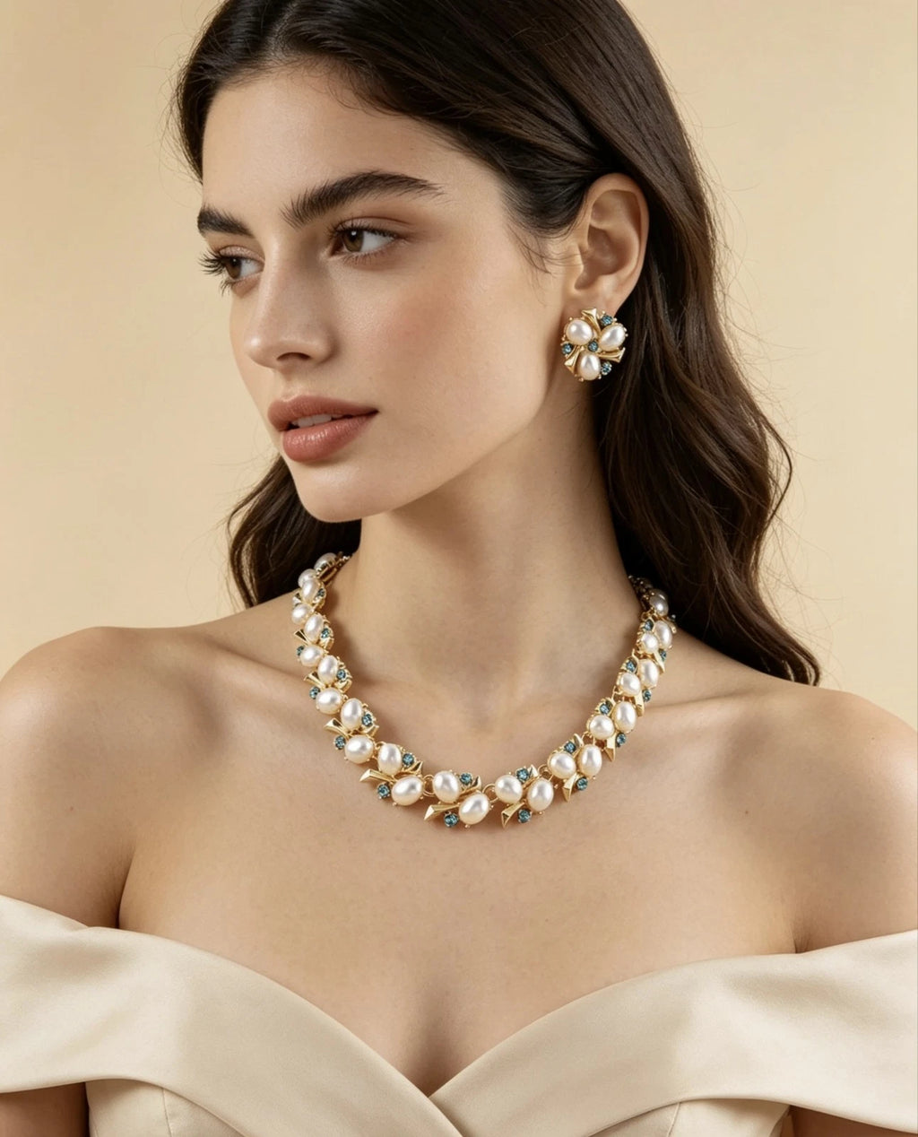 Completo Gioielli Vintage con Perle e Cristalli turchese, Stile Floreale