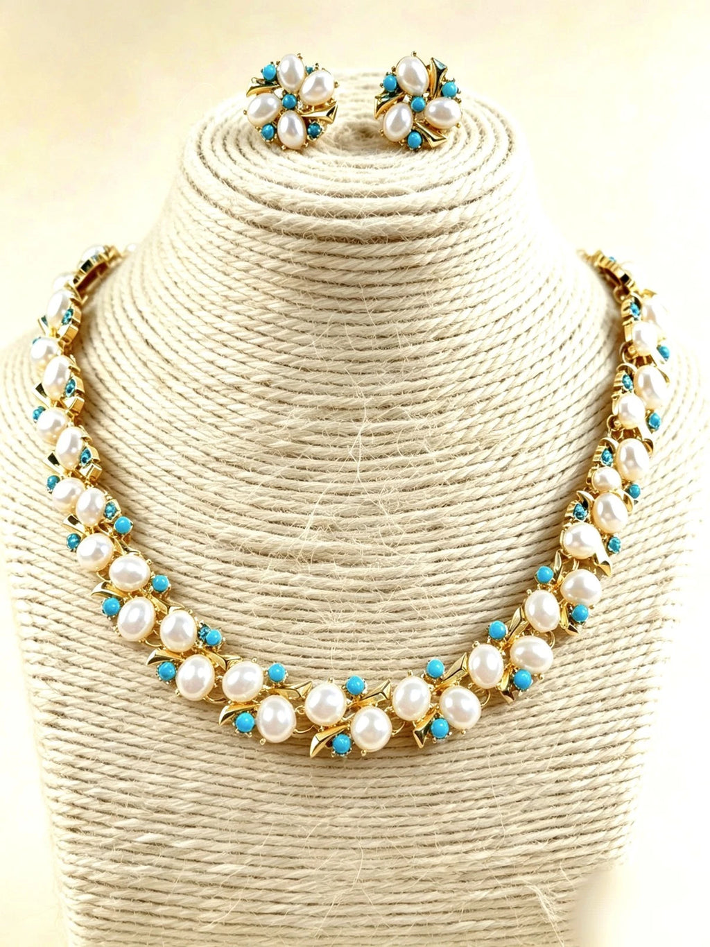 Completo Gioielli Vintage con Perle e Cristalli turchese, Stile Floreale
