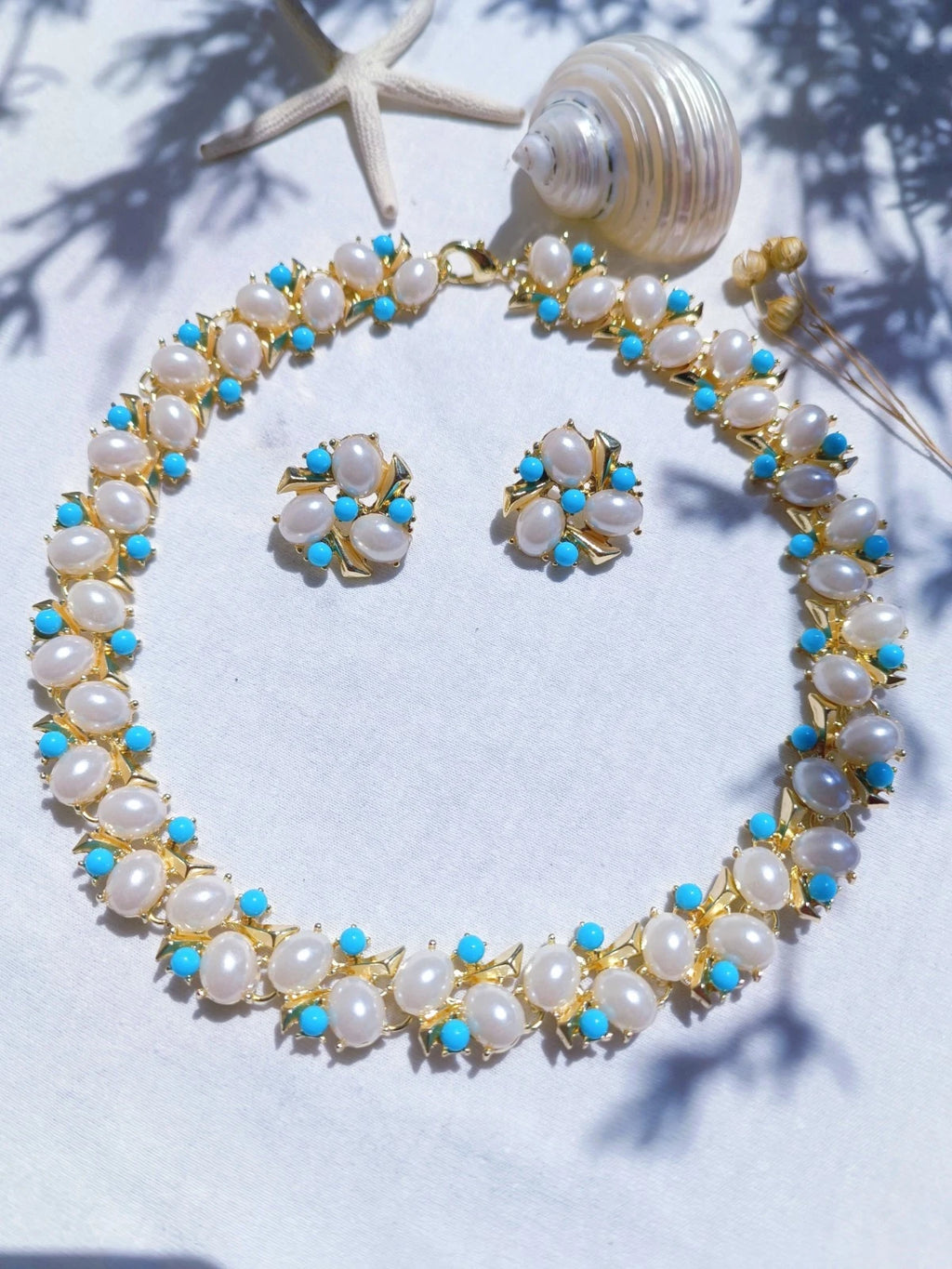 Completo Gioielli Vintage con Perle e Cristalli turchese, Stile Floreale