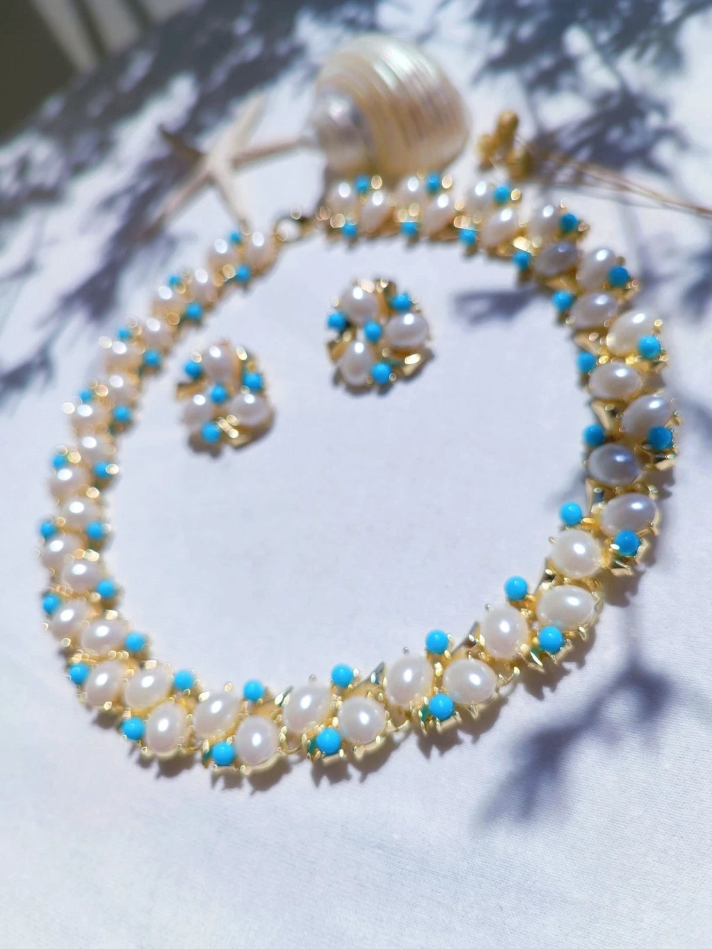 Completo Gioielli Vintage con Perle e Cristalli turchese, Stile Floreale