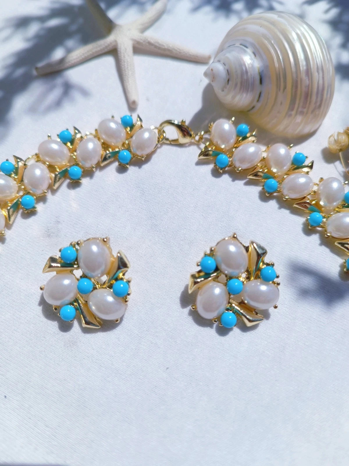 Completo Gioielli Vintage con Perle e Cristalli turchese, Stile Floreale
