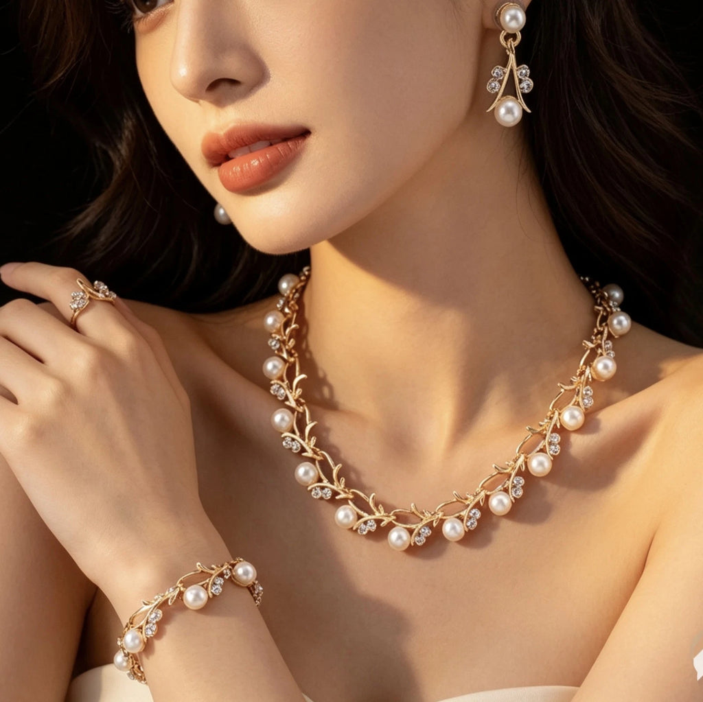 Completo Gioielli Foglie con Perle e Strass, Collana Bracciale Orecchini 3 PEZZI