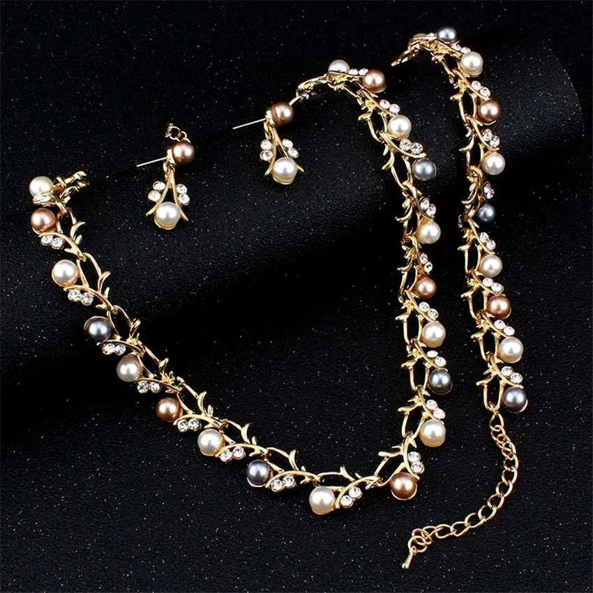 Schmuckset Blätter mit Perlen und Strass, Halskette Armband Ohrringe 3 TEILE