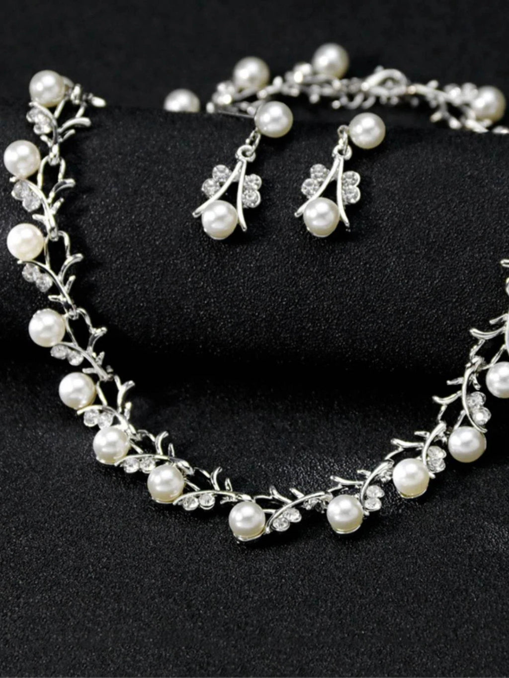 Completo Gioielli Foglie con Perle e Strass, Collana Bracciale Orecchini 3 PEZZI
