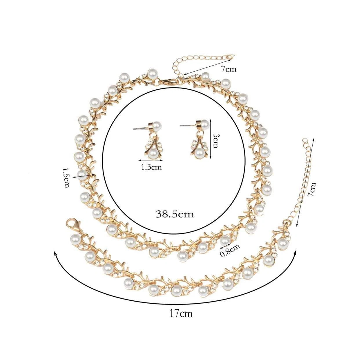 Completo Gioielli Foglie con Perle e Strass, Collana Bracciale Orecchini 3 PEZZI